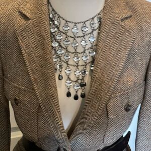 Brown Herringbone Blazer and Skirt Suit with Statement Necklace